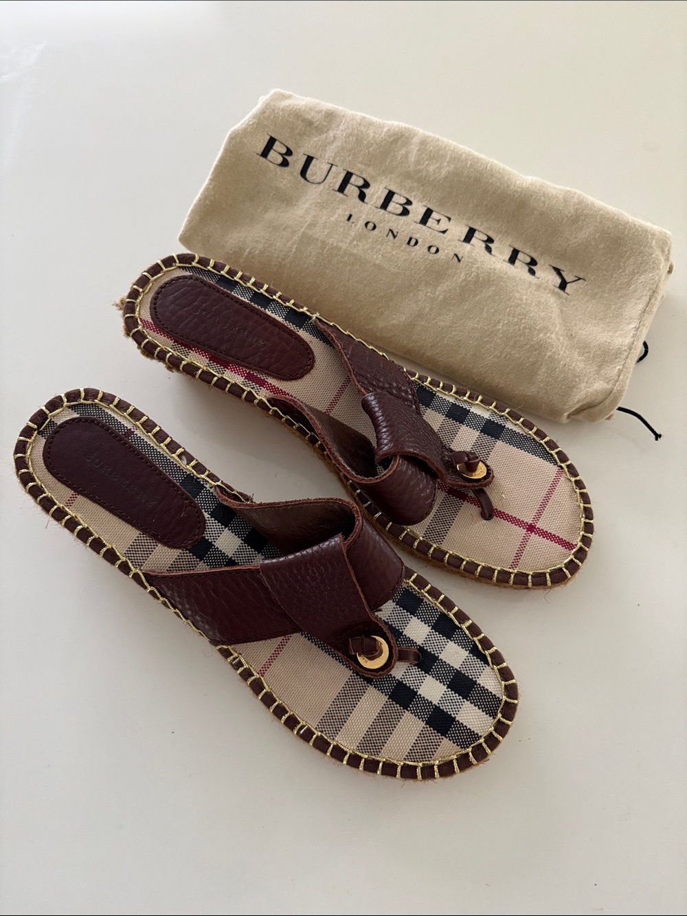 Burberry Wedge Brown Leather Check Sandals